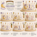 Personalized Little Dreamer Birthday Crown, Embroidered Linen-Look Moon & Stars Crown, Custom Name First Birthday Hat