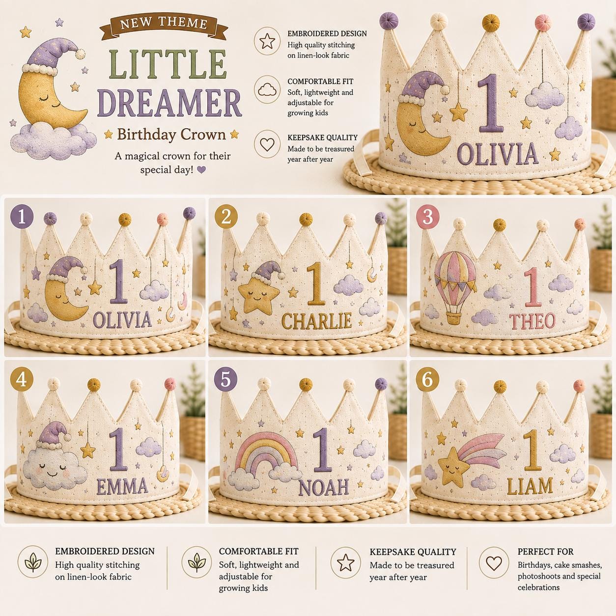 Personalized Little Dreamer Birthday Crown, Embroidered Linen-Look Moon & Stars Crown, Custom Name First Birthday Hat