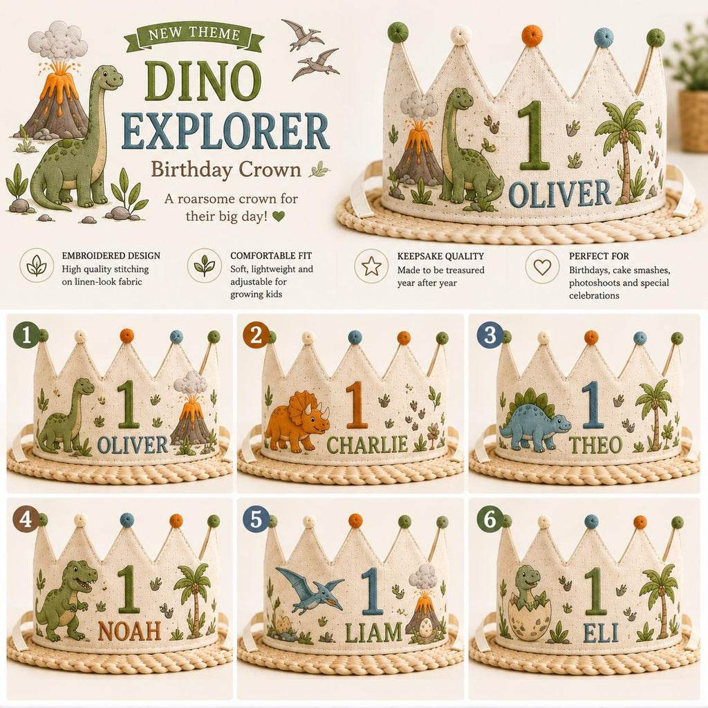Personalized Dino Explorer Birthday Crown, Embroidered Linen-Look Dinosaur Crown, Custom Name First Birthday Hat, Baby Keepsake