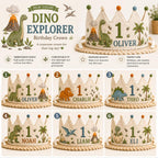 Personalized Dino Explorer Birthday Crown, Embroidered Linen-Look Dinosaur Crown, Custom Name First Birthday Hat, Baby Keepsake