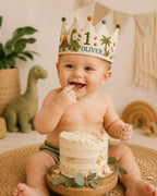 Personalized Dino Explorer Birthday Crown, Embroidered Linen-Look Dinosaur Crown, Custom Name First Birthday Hat, Baby Keepsake