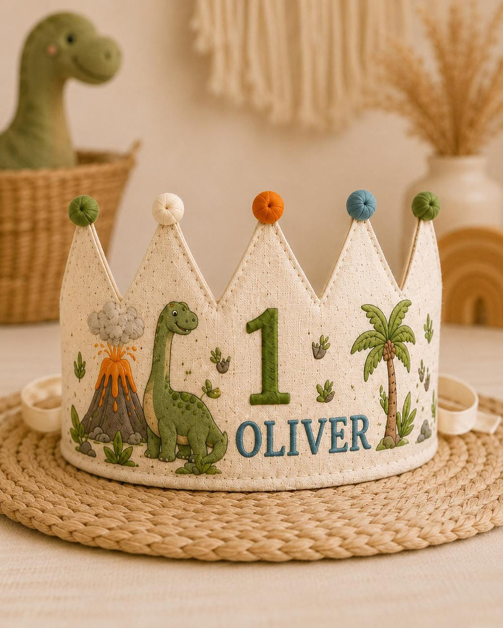 Personalized Dino Explorer Birthday Crown, Embroidered Linen-Look Dinosaur Crown, Custom Name First Birthday Hat, Baby Keepsake