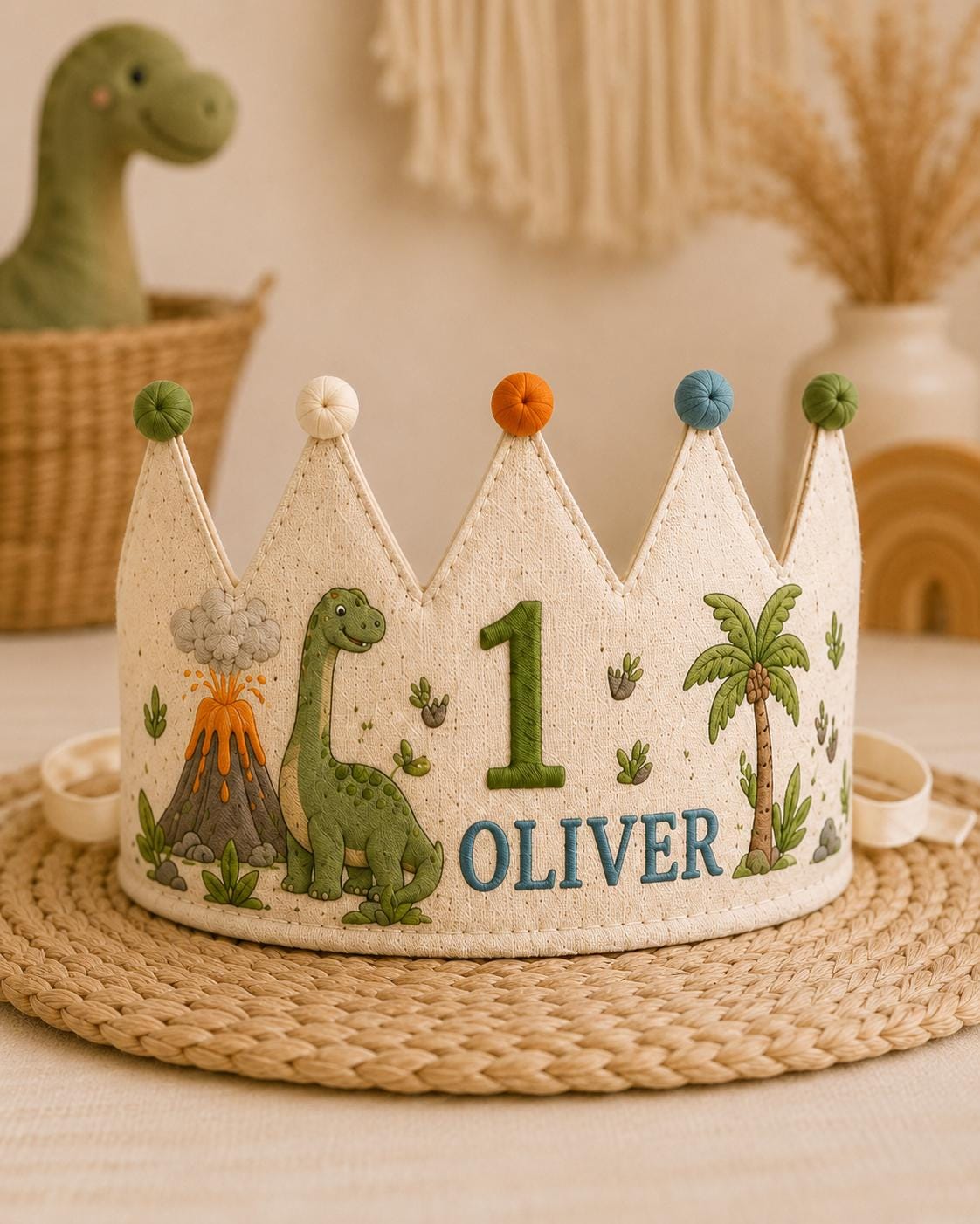 Personalized Dino Explorer Birthday Crown, Embroidered Linen-Look Dinosaur Crown, Custom Name First Birthday Hat, Baby Keepsake