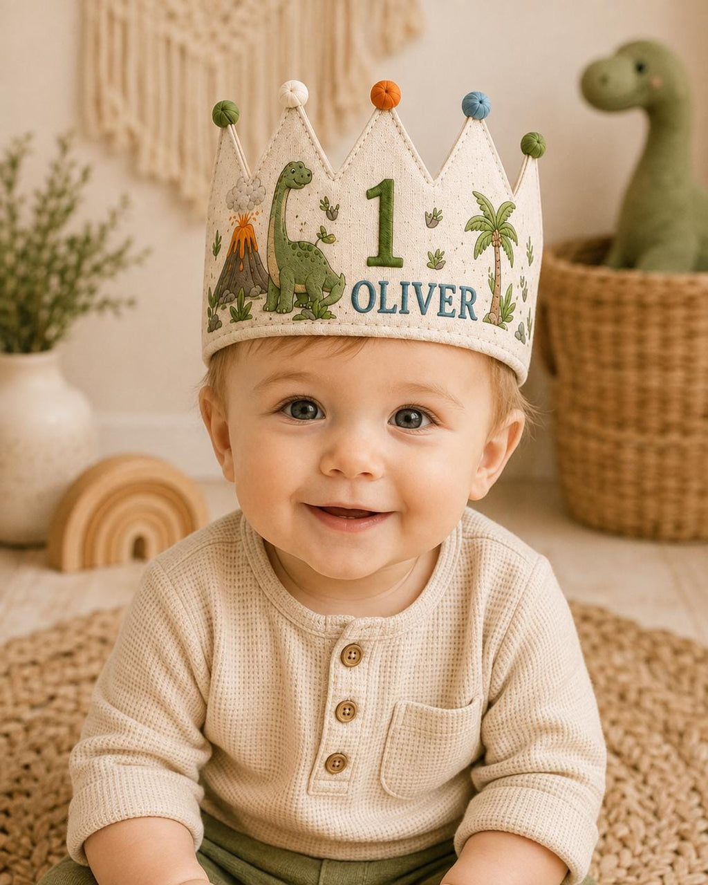 Personalized Dino Explorer Birthday Crown, Embroidered Linen-Look Dinosaur Crown, Custom Name First Birthday Hat, Baby Keepsake
