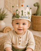 Personalized Dino Explorer Birthday Crown, Embroidered Linen-Look Dinosaur Crown, Custom Name First Birthday Hat, Baby Keepsake