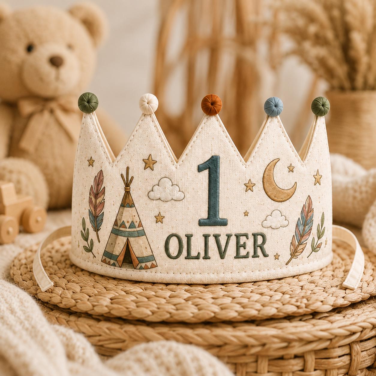 Personalized Dream Big Birthday Crown, Embroidered Linen-Look Boho Crown, Custom Name First Birthday Hat, Baby Keepsake