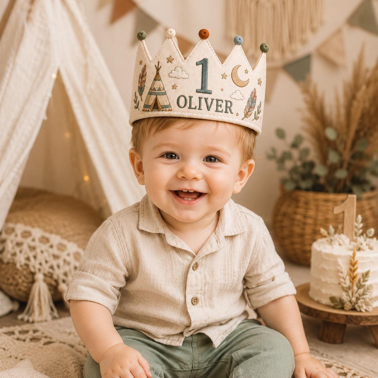 Personalized Dream Big Birthday Crown, Embroidered Linen-Look Boho Crown, Custom Name First Birthday Hat, Baby Keepsake