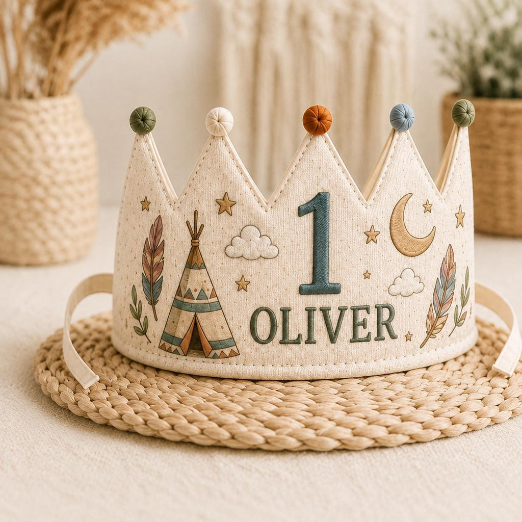 Personalized Dream Big Birthday Crown, Embroidered Linen-Look Boho Crown, Custom Name First Birthday Hat, Baby Keepsake