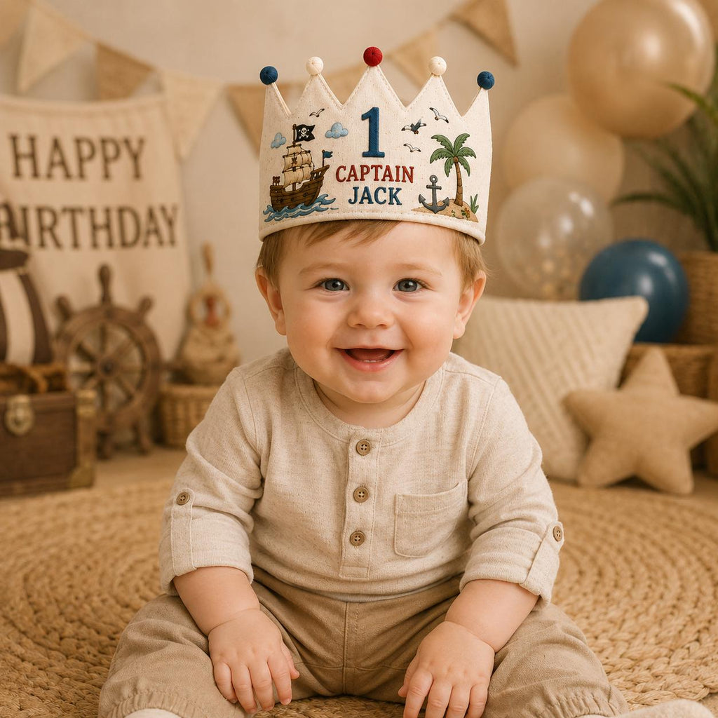 Personalized Little Pirate Birthday Crown, Embroidered Linen-Look Ocean Adventure Crown, Custom Name First Birthday Hat