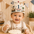 Personalized Little Pirate Birthday Crown, Embroidered Linen-Look Ocean Adventure Crown, Custom Name First Birthday Hat