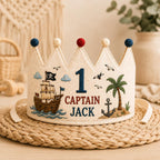 Personalized Little Pirate Birthday Crown, Embroidered Linen-Look Ocean Adventure Crown, Custom Name First Birthday Hat