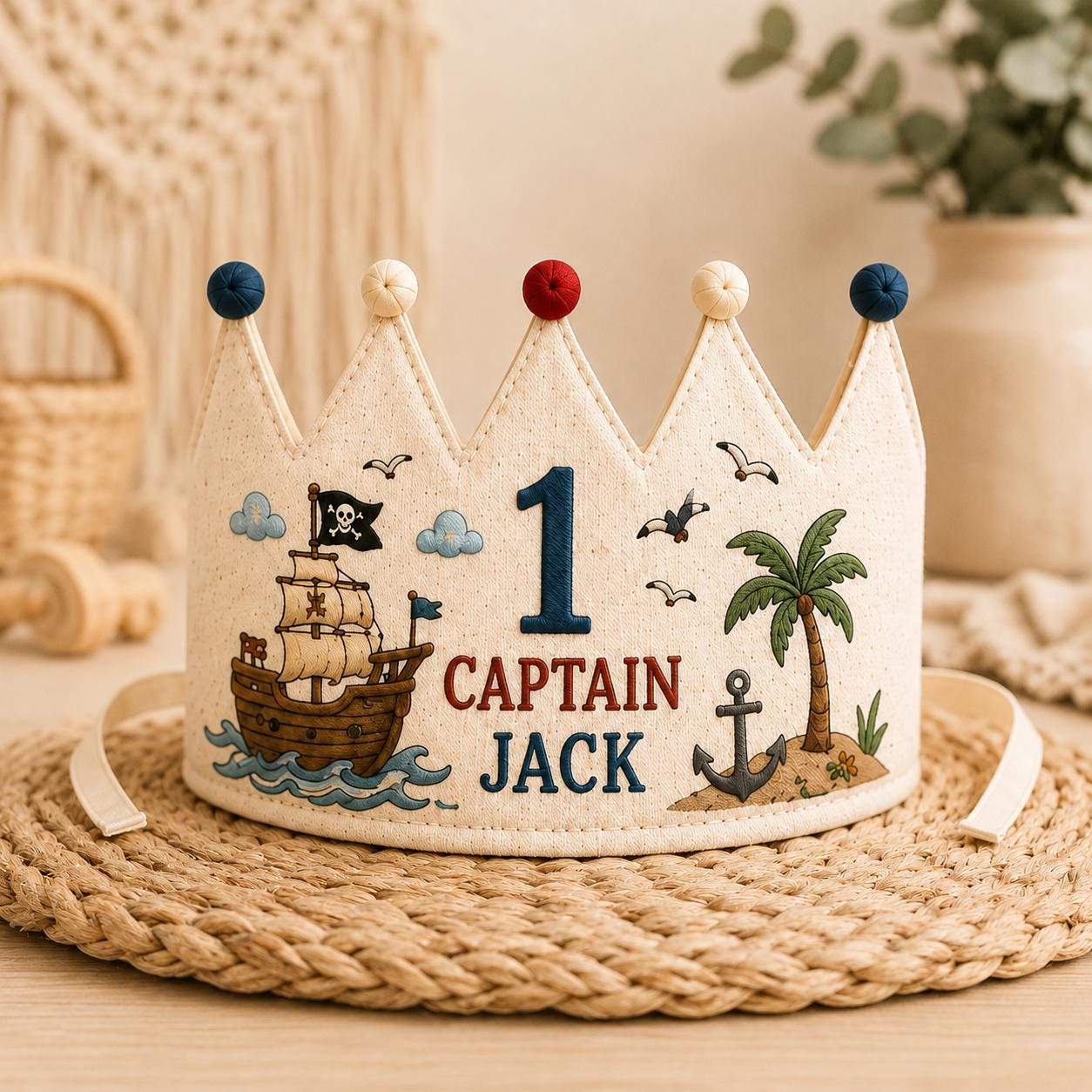 Personalized Little Pirate Birthday Crown, Embroidered Linen-Look Ocean Adventure Crown, Custom Name First Birthday Hat