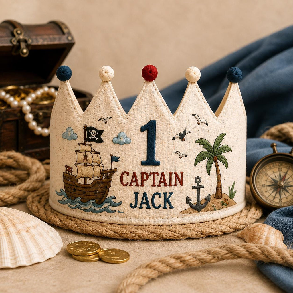 Personalized Little Pirate Birthday Crown, Embroidered Linen-Look Ocean Adventure Crown, Custom Name First Birthday Hat
