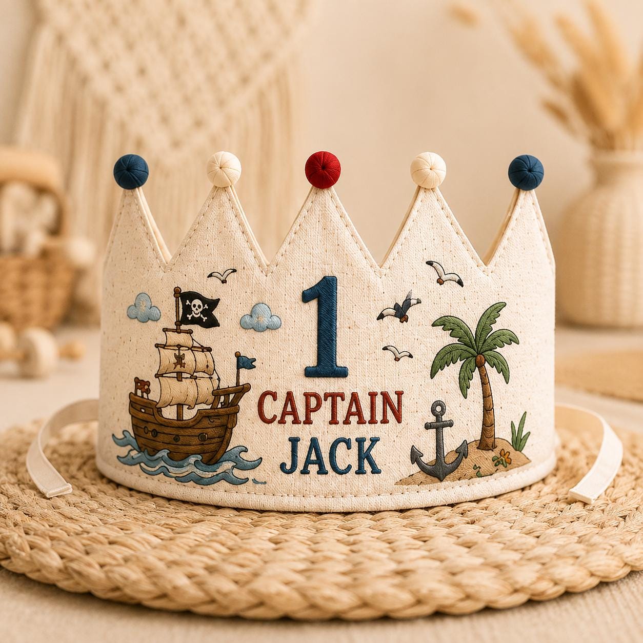 Personalized Little Pirate Birthday Crown, Embroidered Linen-Look Ocean Adventure Crown, Custom Name First Birthday Hat