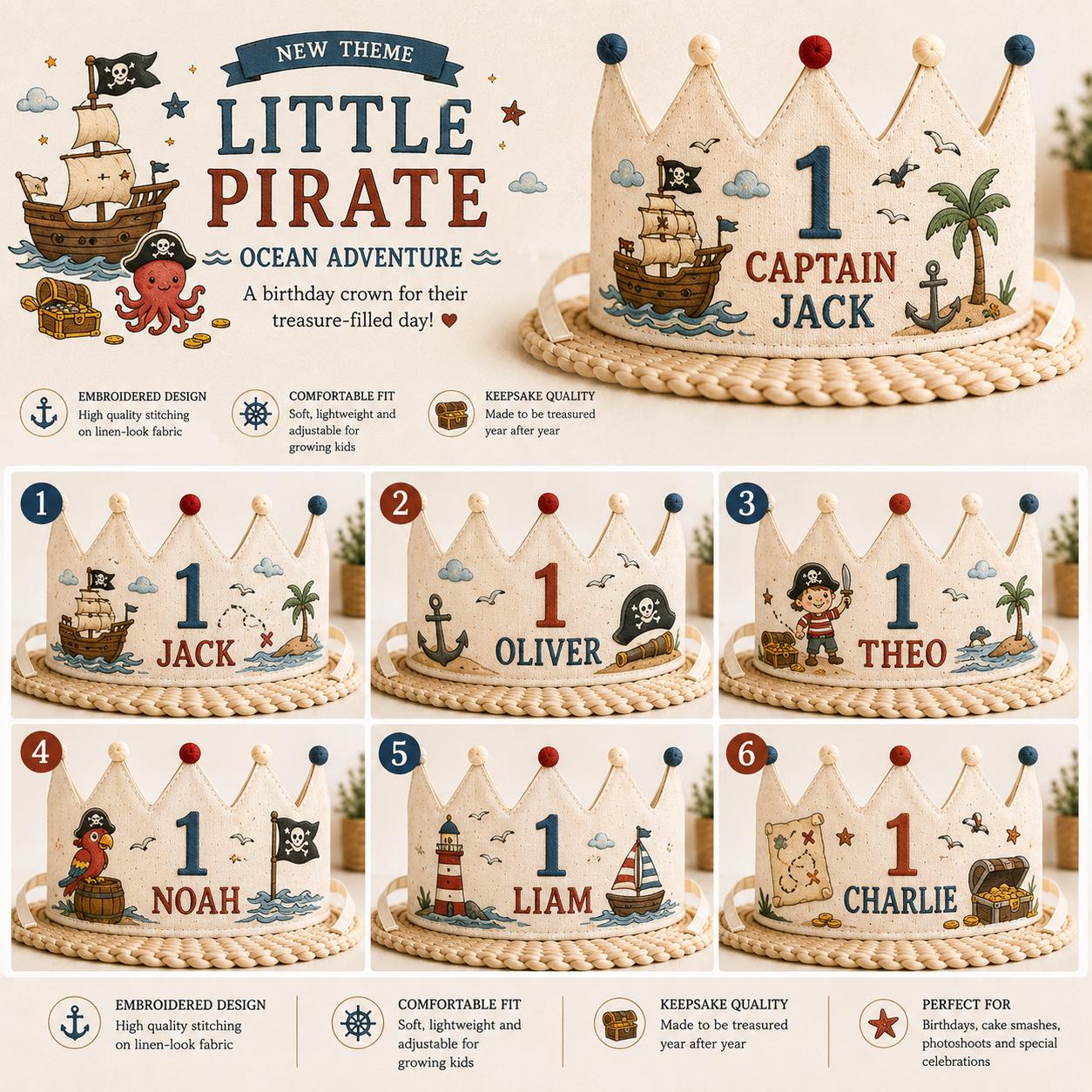 Personalized Little Pirate Birthday Crown, Embroidered Linen-Look Ocean Adventure Crown, Custom Name First Birthday Hat