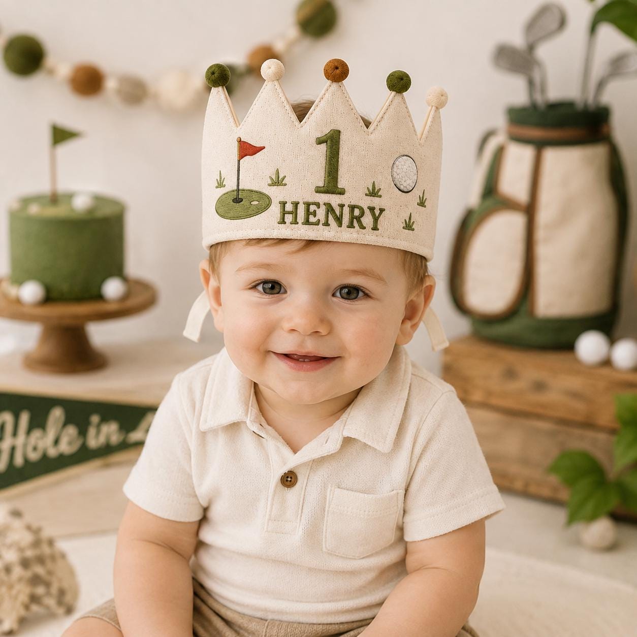 Personalized Golf Birthday Crown, Embroidered Linen-Look Little Golfer Crown, Custom Name First Birthday Hat