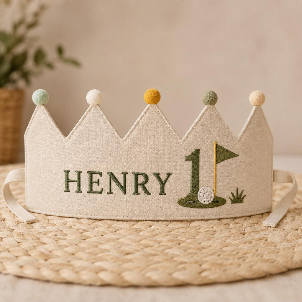 Personalized Golf Birthday Crown, Embroidered Linen-Look Little Golfer Crown, Custom Name First Birthday Hat