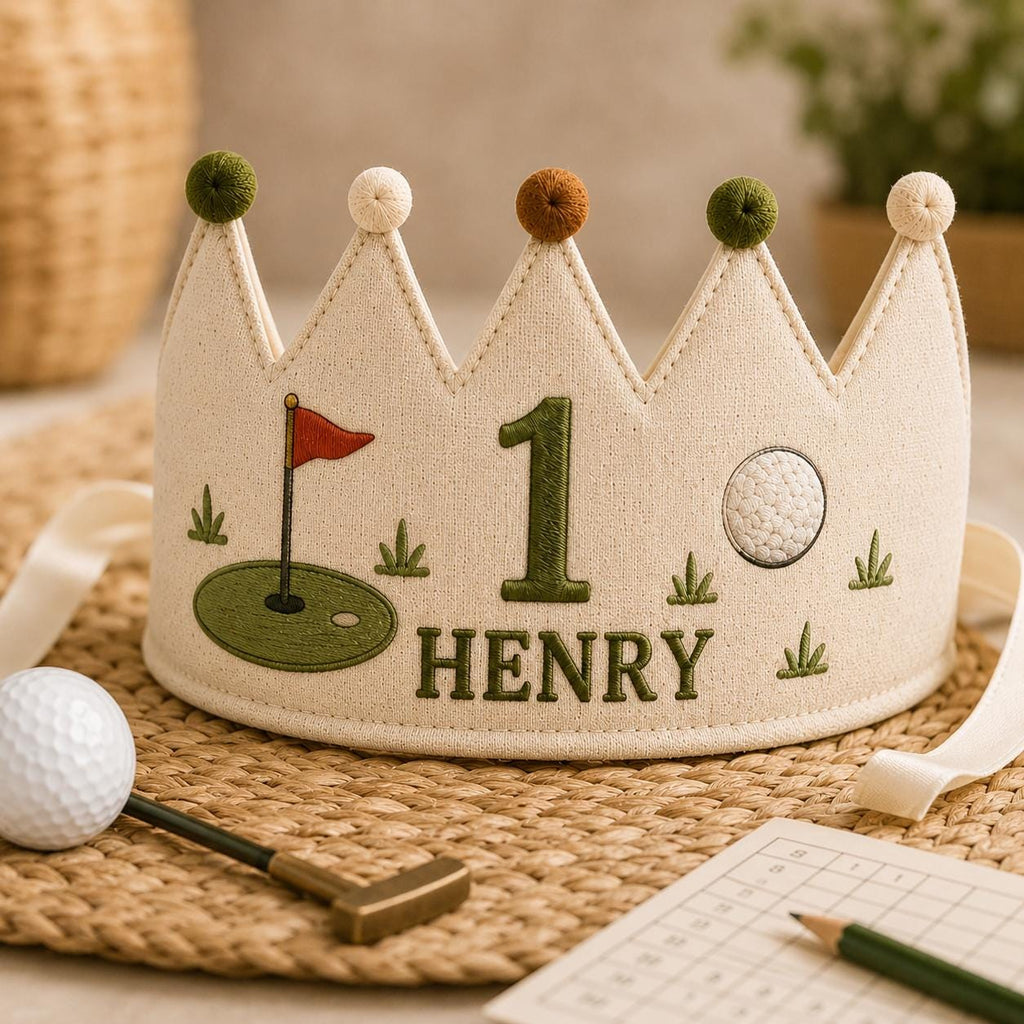 Personalized Golf Birthday Crown, Embroidered Linen-Look Little Golfer Crown, Custom Name First Birthday Hat