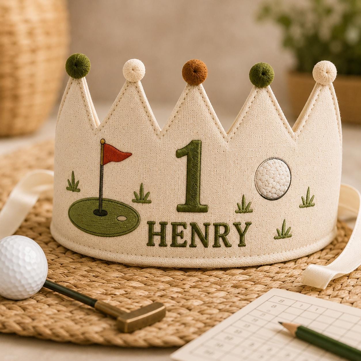 Personalized Golf Birthday Crown, Embroidered Linen-Look Little Golfer Crown, Custom Name First Birthday Hat