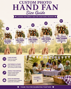 Personalized Family Reunion Hand Fan size guide showing 6, 8, 10, 12 and 16 inch options