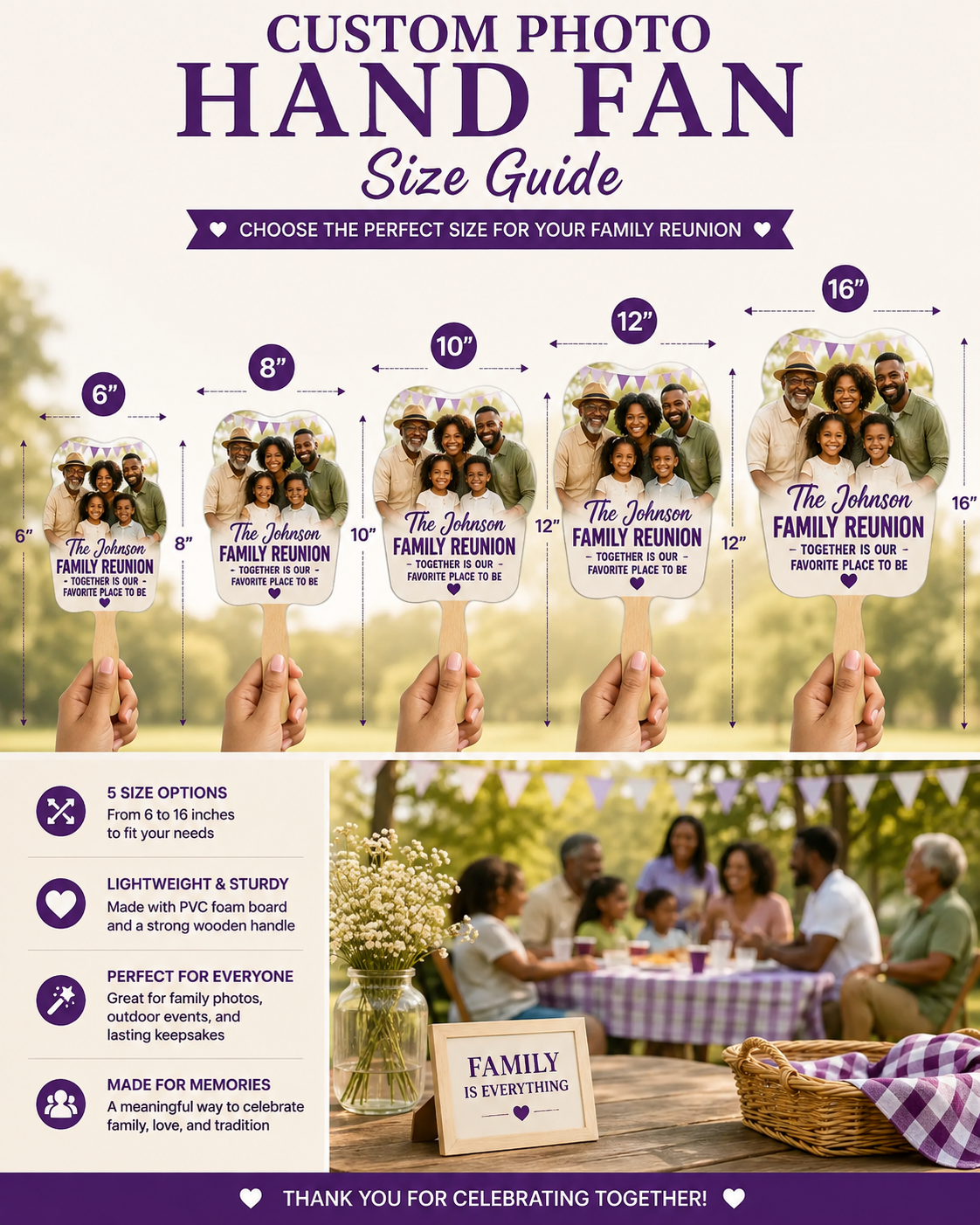 Personalized Family Reunion Hand Fan size guide showing 6, 8, 10, 12 and 16 inch options